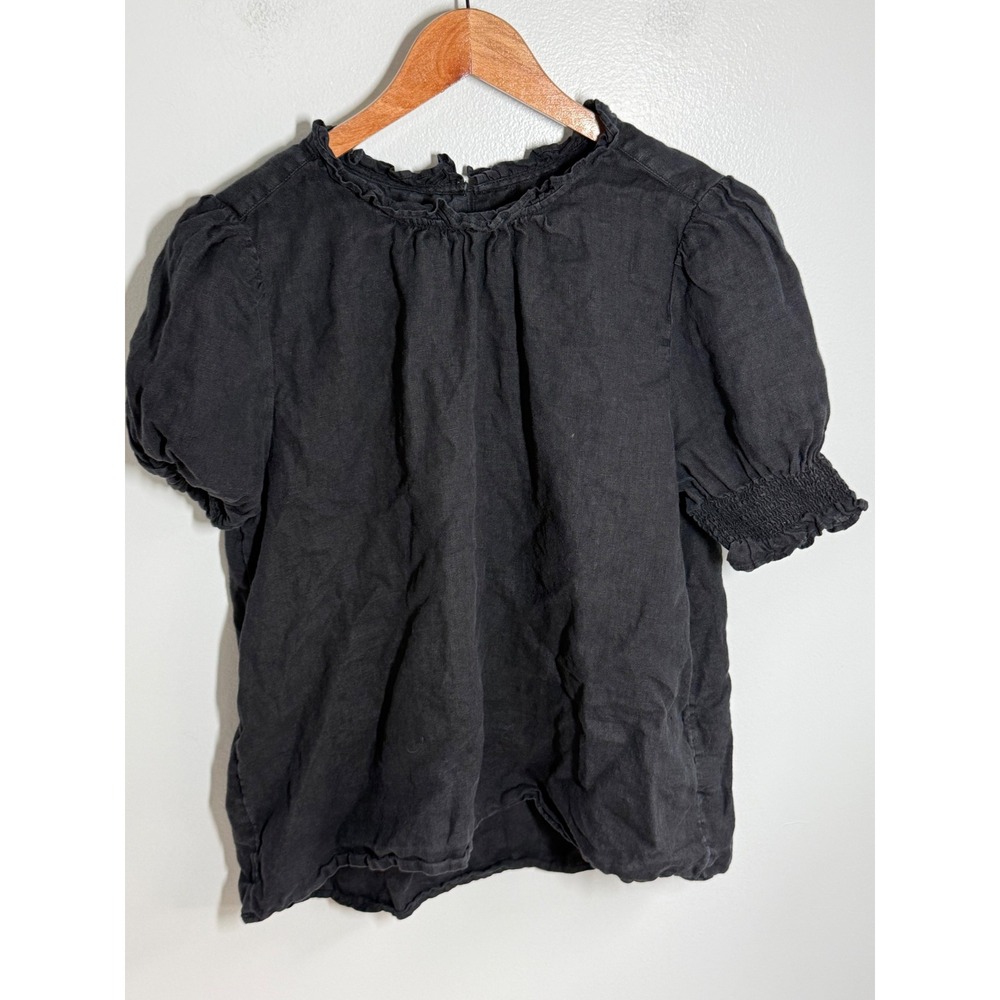J.Crew Womens Black 100% Linen Ruffle Neck Puff Smocked Sleeve Blouse Large